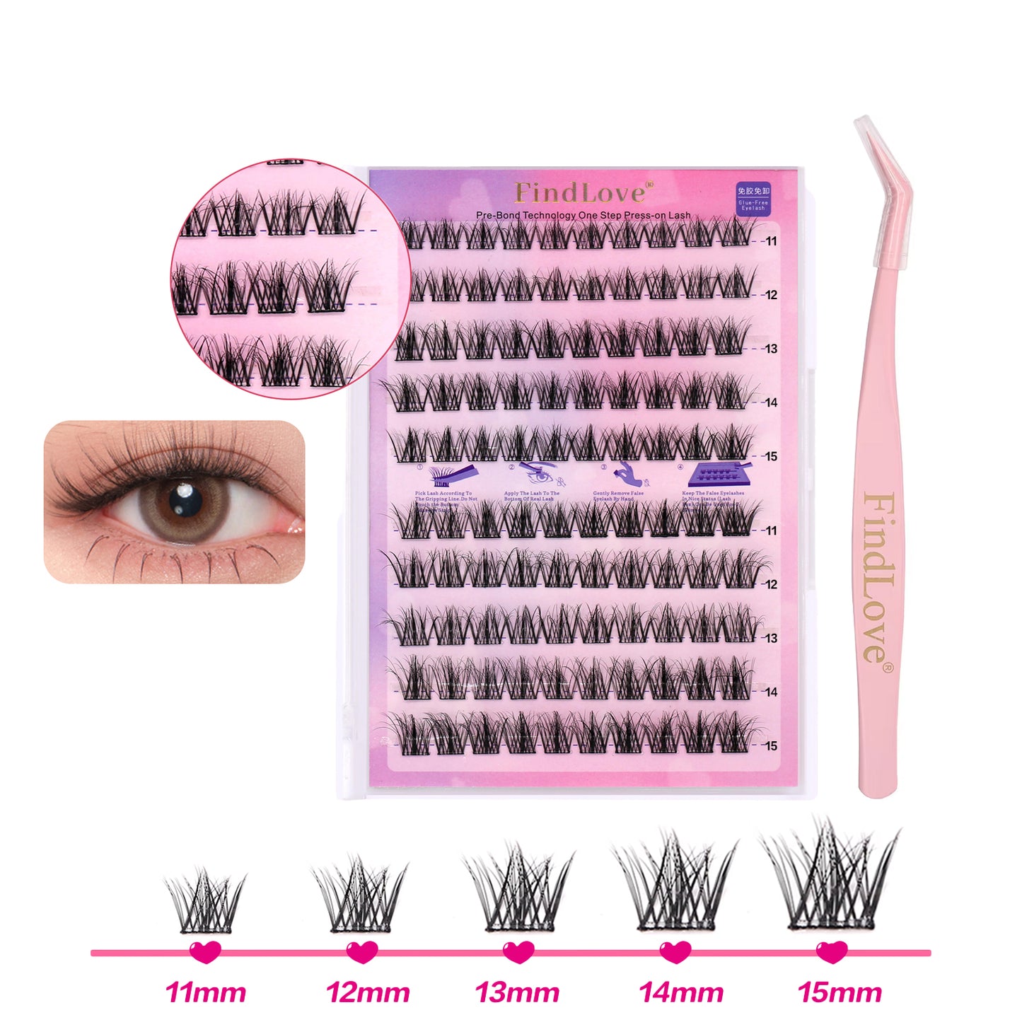 High Quality 5D Fluffy Self-Adhesive DIY Eyelashes Mixed Length False Glue Free Handmade Natural Style Pre-Bond Tweezer Set