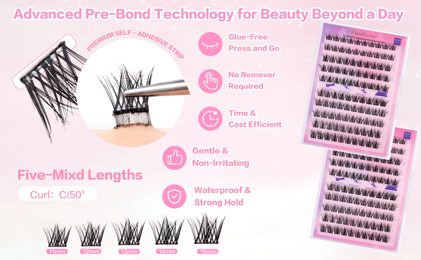 High Quality 5D Fluffy Self-Adhesive DIY Eyelashes Mixed Length False Glue Free Handmade Natural Style Pre-Bond Tweezer Set