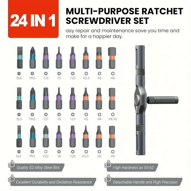 VMAN TOOLS 25in 1 Chrome Vanadium Steel Ratchet Screwdriver Set with Magnetic Tips Multi-Functional Household Repair Tool Kit