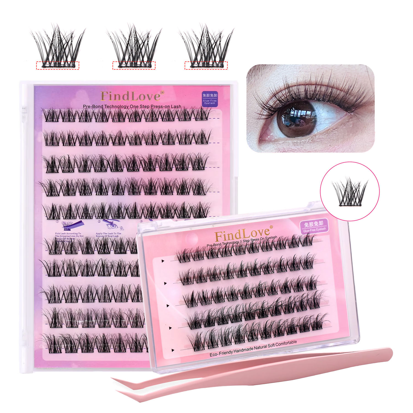 High Quality 5D Fluffy Self-Adhesive DIY Eyelashes Mixed Length False Glue Free Handmade Natural Style Pre-Bond Tweezer Set