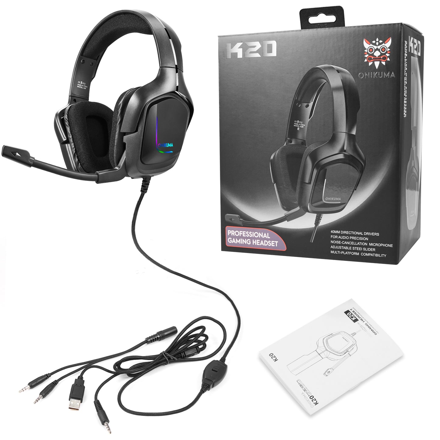 K20 Wired Headphones with Microphone RGB Light Gaming Headsets Noise Cancelling Earphones for Xbox One for PS4 Headset Gamer