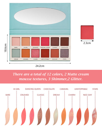 Las Chicas High Pigment Silky Smooth Paraben Free Vegan Cruelty Free Creamy 12 Color Eyeshadow Palette Makeup Palette